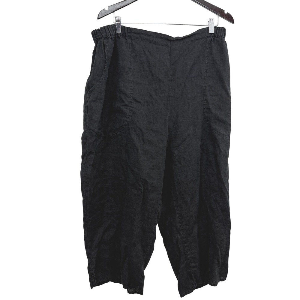 FLAX Pants Womens 1G Black Generous Linen Elastic Waist Pockets Crop Wide Leg